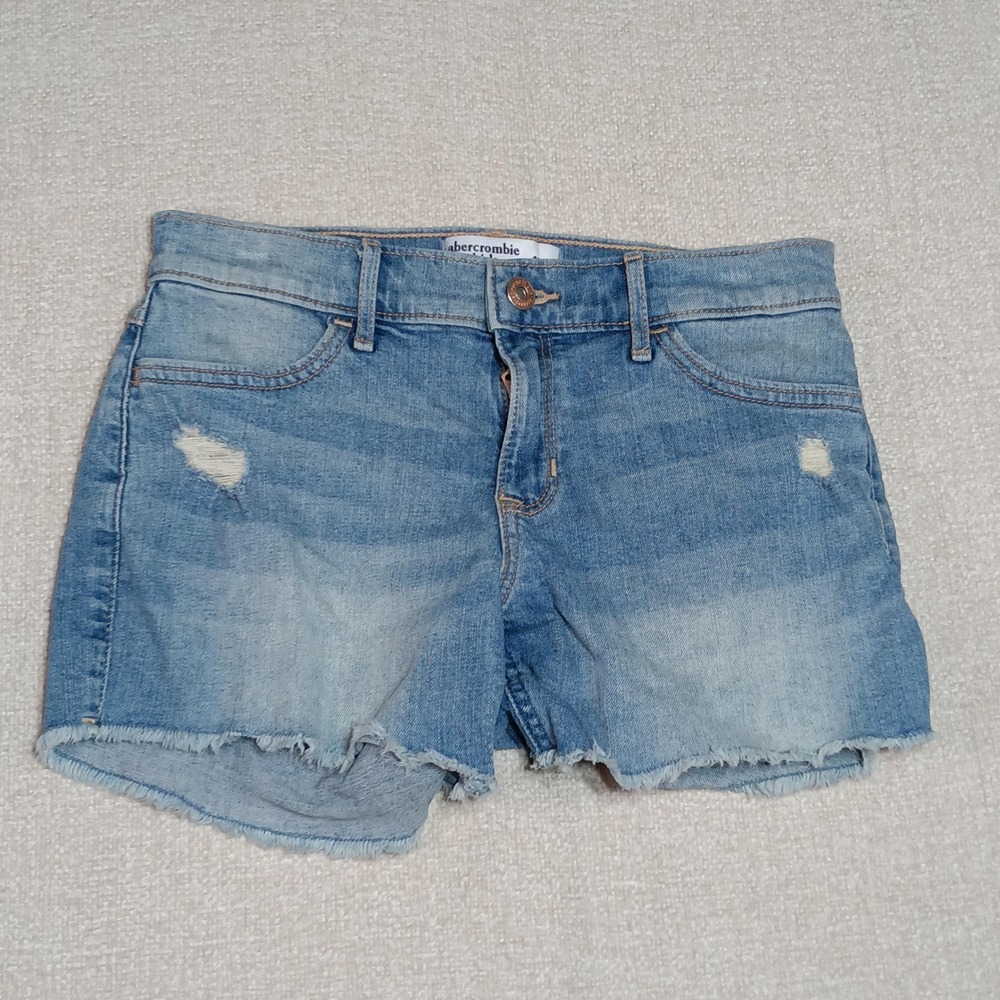 Abercrombie Kids Girls 13/14 Mid Rise Midi Denim Shorts Light Wash Distressed